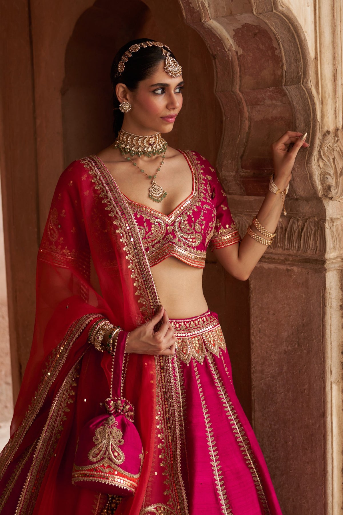 Hot Pink Raw Silk Lehenga with Kashmiri Tilla & Gota Work