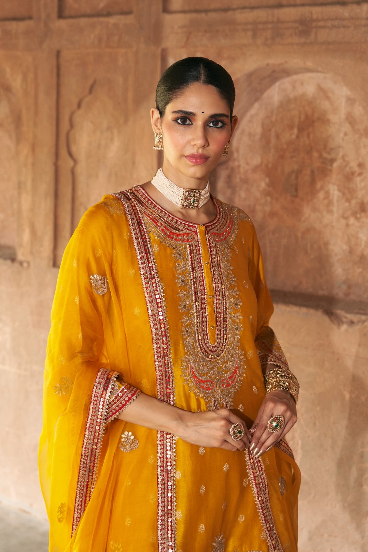 Mustard Banarasi Silk Short Kurta Salwar Set with Organza Dupatta