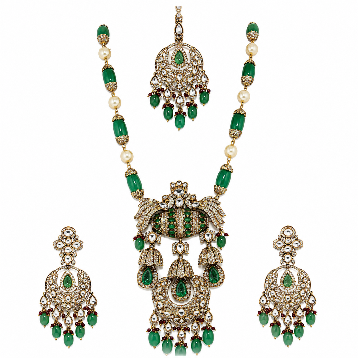 Emerald Green Semi-Precious Stone Kundan Long Necklace Set with Maang Tikka