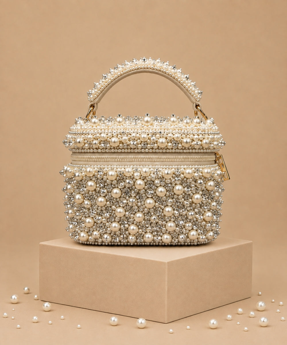 Aria Ivory Suede Pearl Embellished Vanity Bag