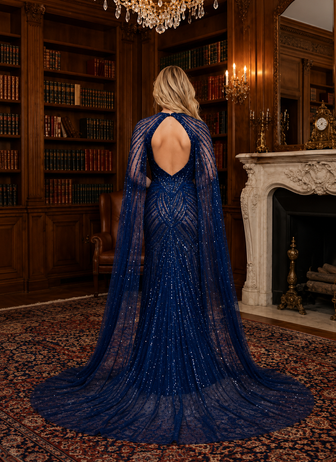 Deep plunging crystal embellishments and shimmer Gown