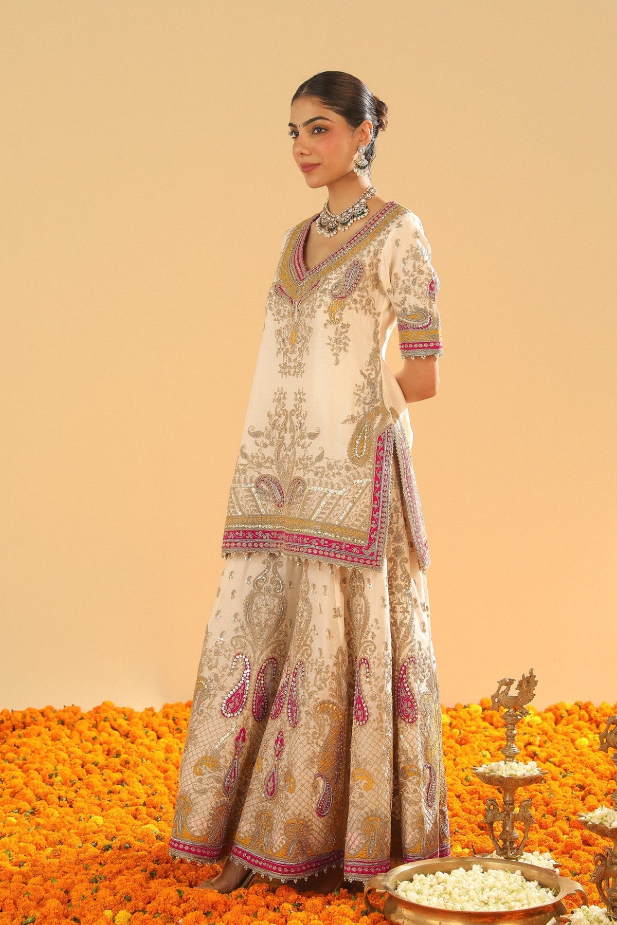 Sadiya - Daisy Ivory Short Kurta with Sharara and Dupatta