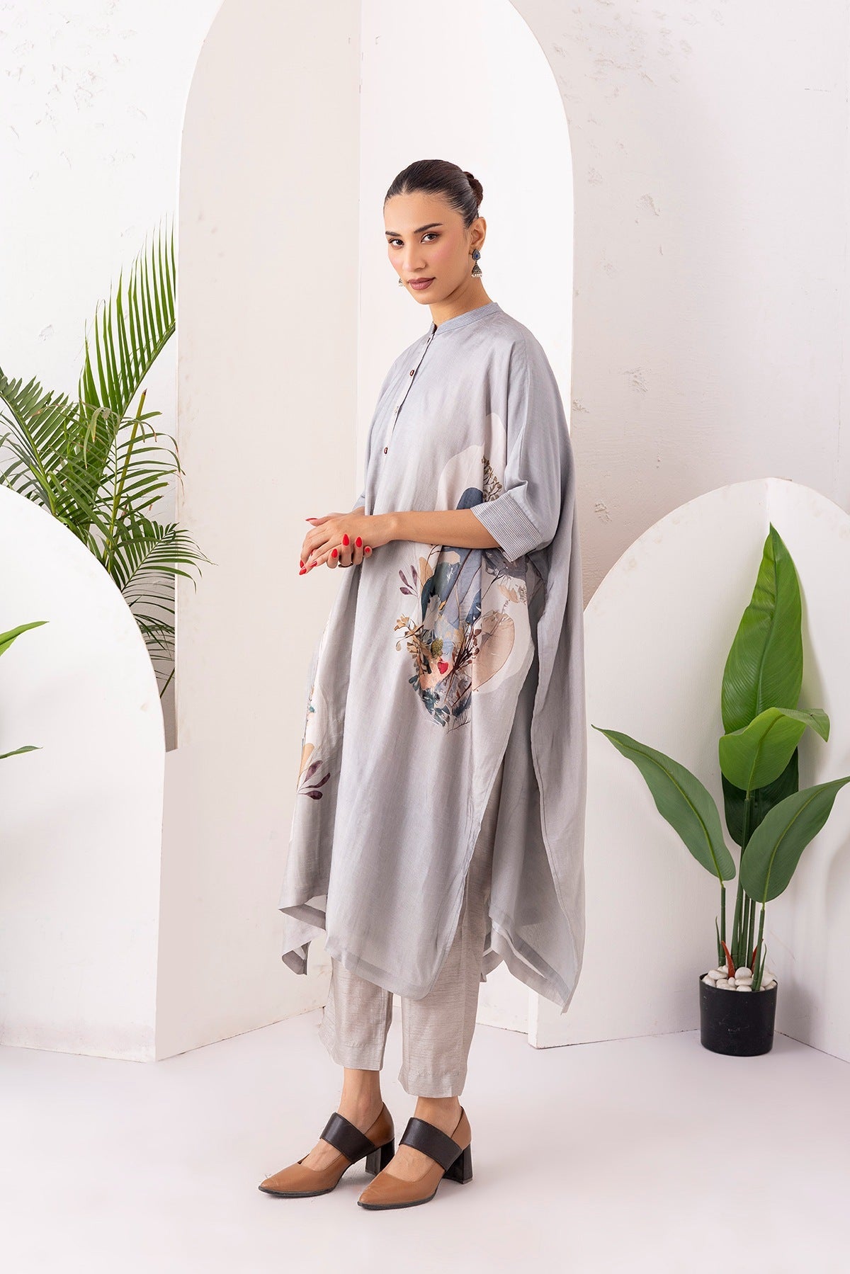 Grey Viscose Dupion Printed Kaftan Style Dress Set (3 PCS)