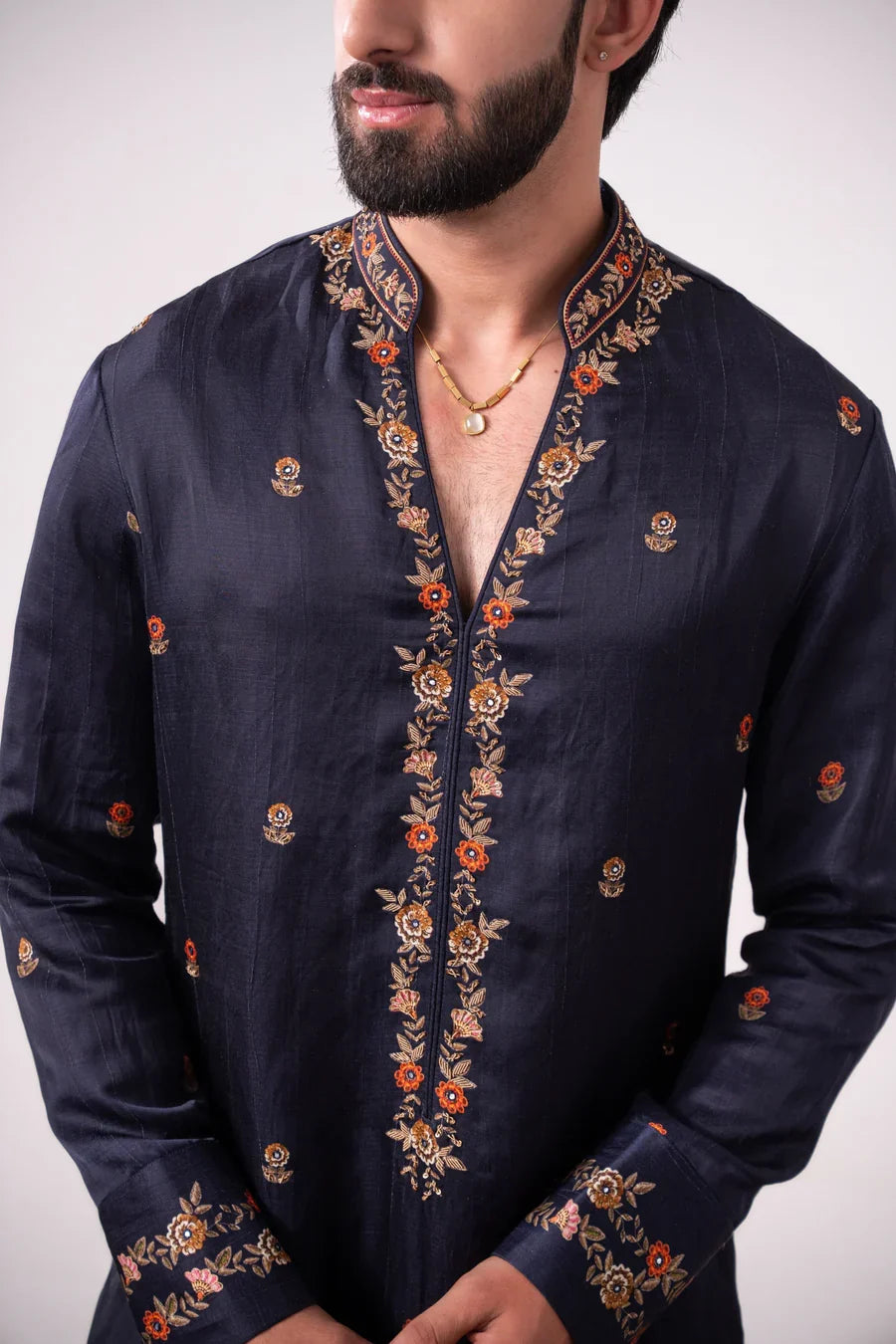 Sapphire Veil Embroidered Linen Silk Kurta