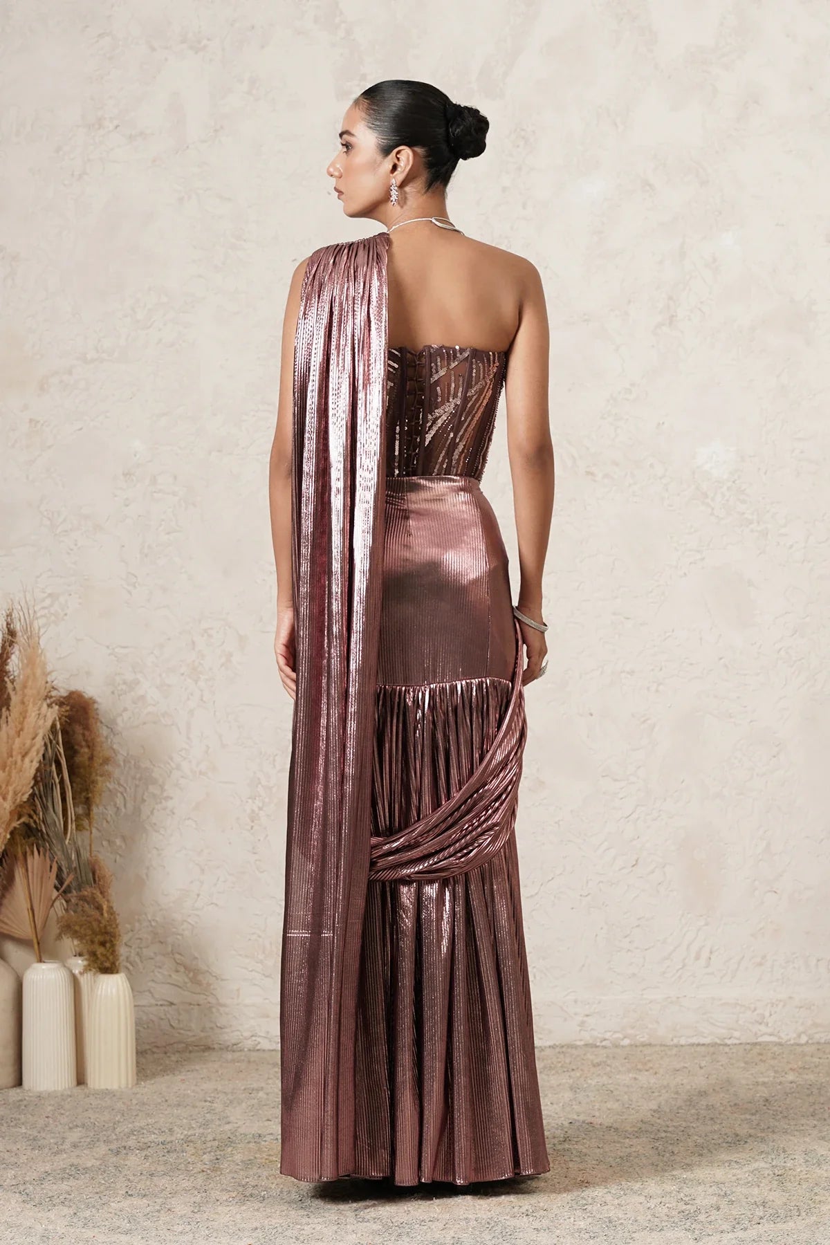 Chandni metallic pre-draped saree with sequin blouse in light beige for women, perfect for cocktails, receptions & sangeet. By THETAA.