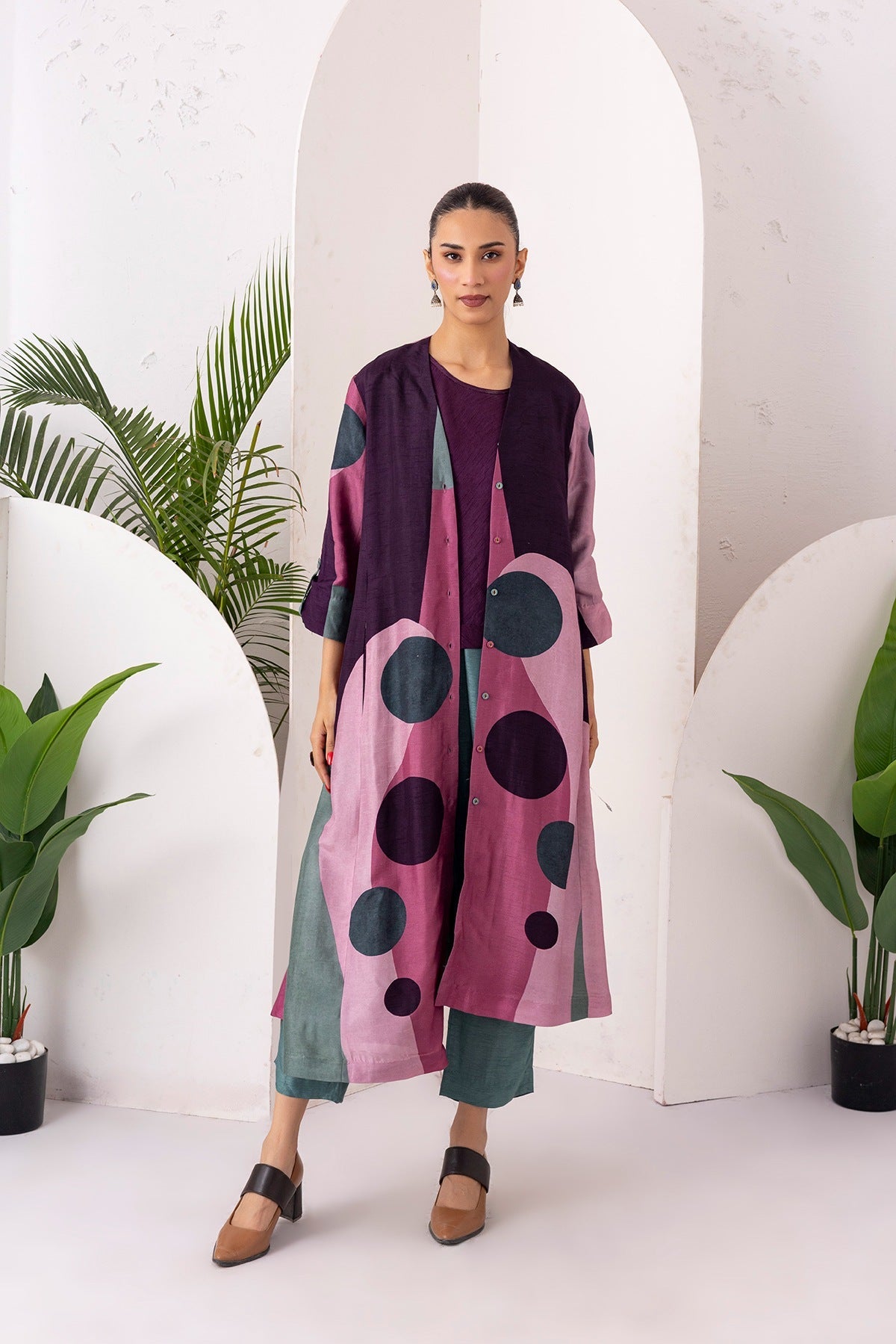 Salmon Pink & Wine Viscose Dupion Printed Dress Set (3 PCS)