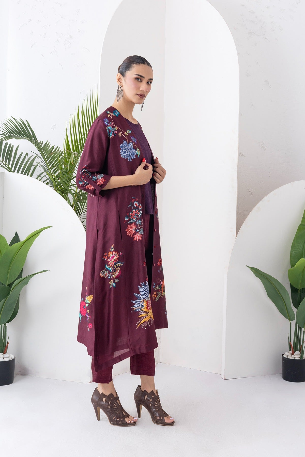 Chocolate Brown Silk Chanderi Printed High-Low Dress Set (3 PCS)