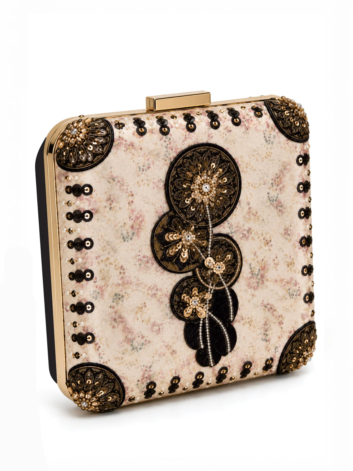 Ivory Floral Print Embroidered Clutch Bag with Black Gold Embellishment