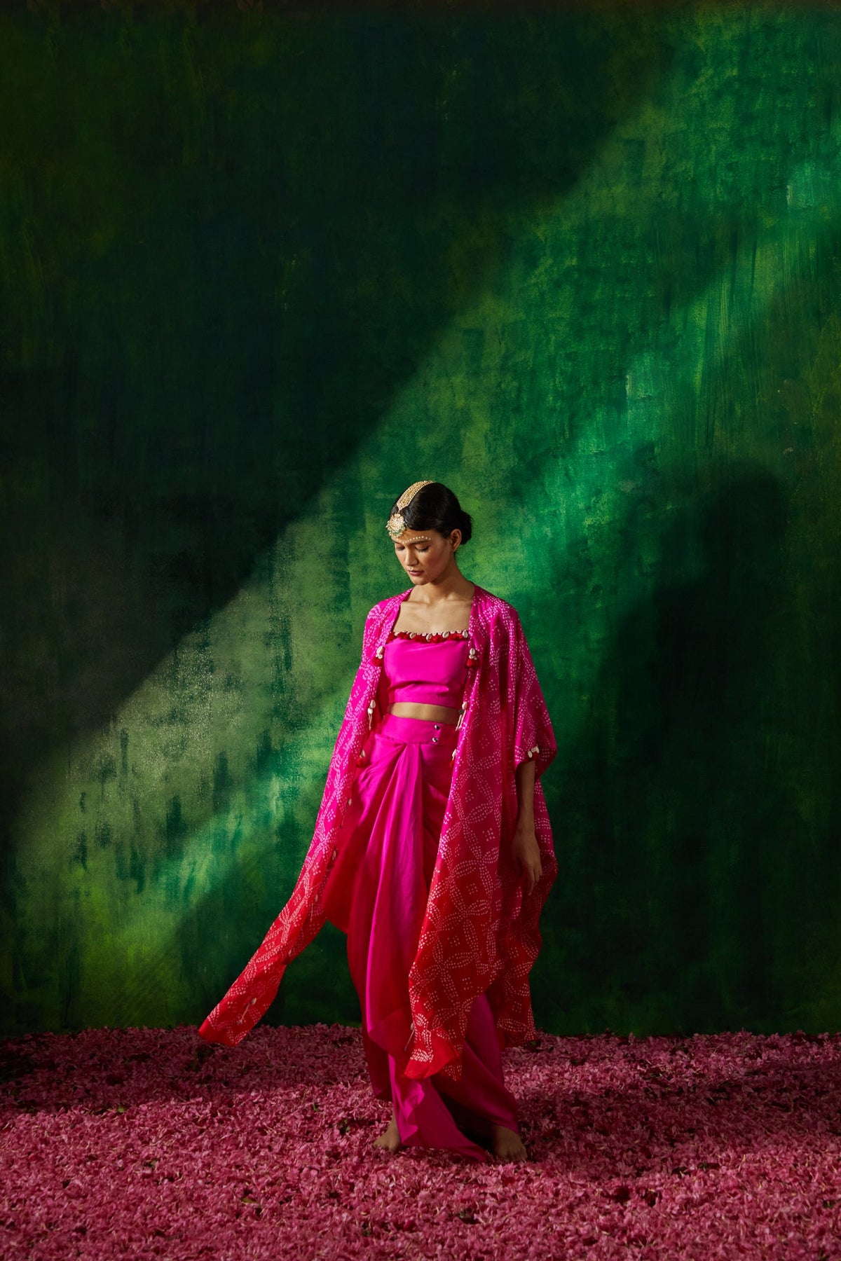 Bandhni cape set with drape skirt