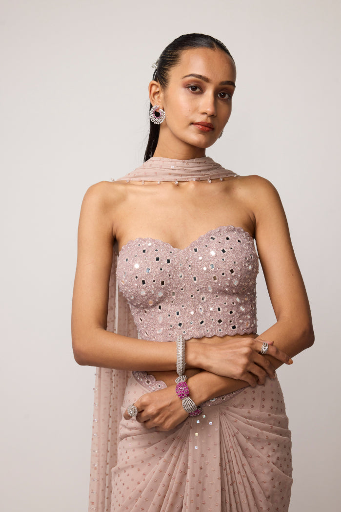 Ash Pink Draped Sequins Embroidered Skirt Set