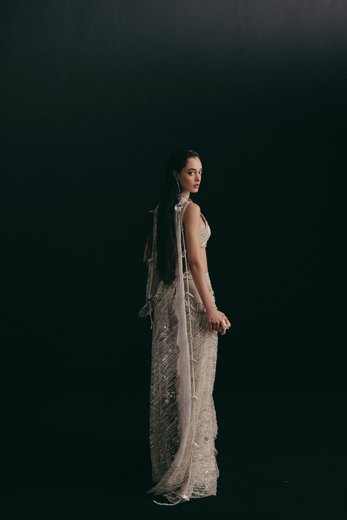 Beaded & Mukaish Embroidery, Tulle & Silk with Lace Detailing, Skirt Set, Crop Silhouette