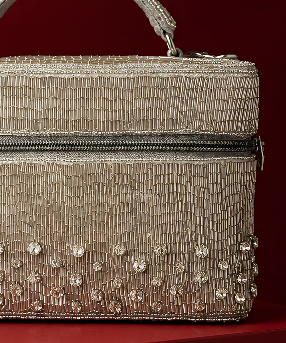 Cally Silver Suede Embroidered Vanity Bag