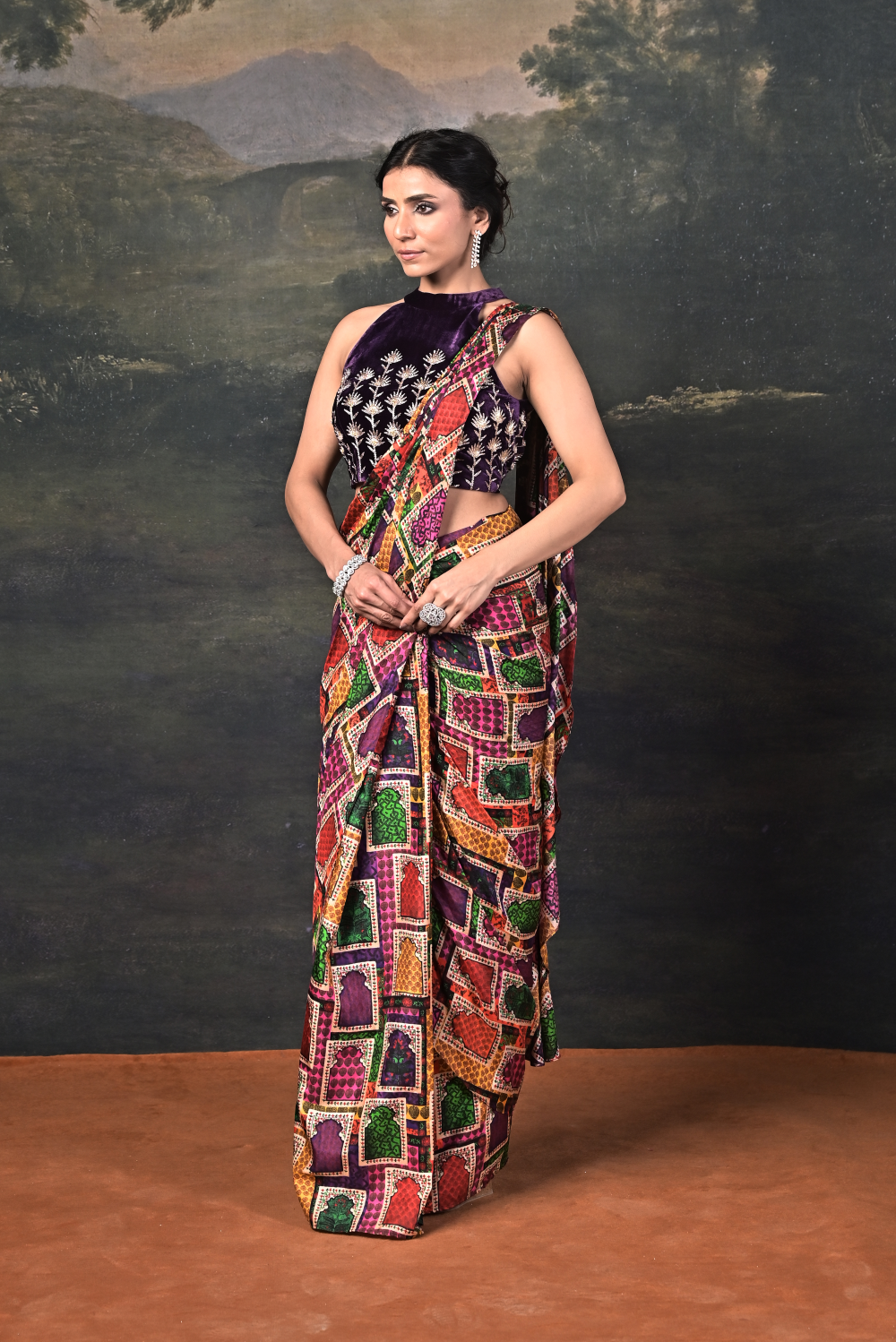 Hand-Embroidered Halter Neck Velvet Blouse with Pure Silk Jharokha Pre-Draped Saree