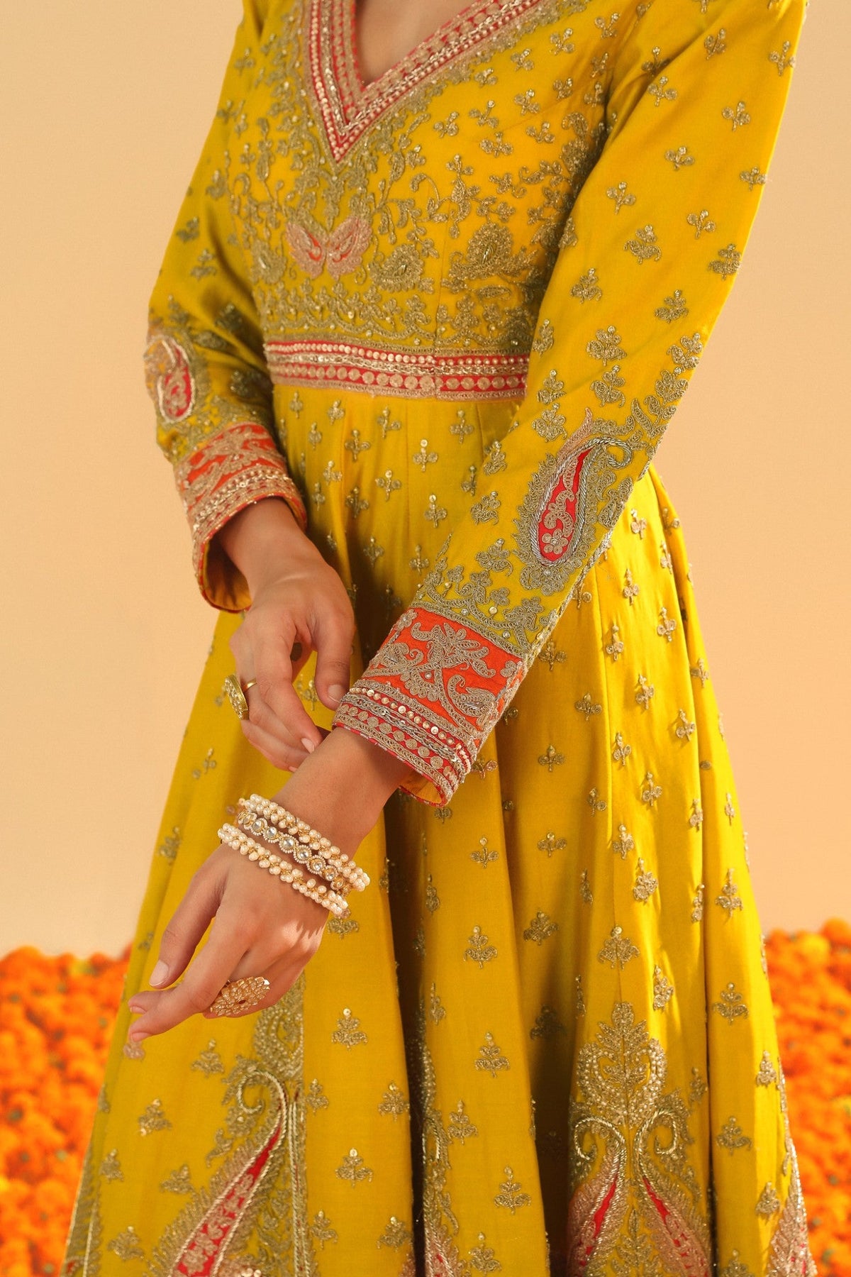 Shazia - Mustard Anarkaali with Chooridaar and Dupatta