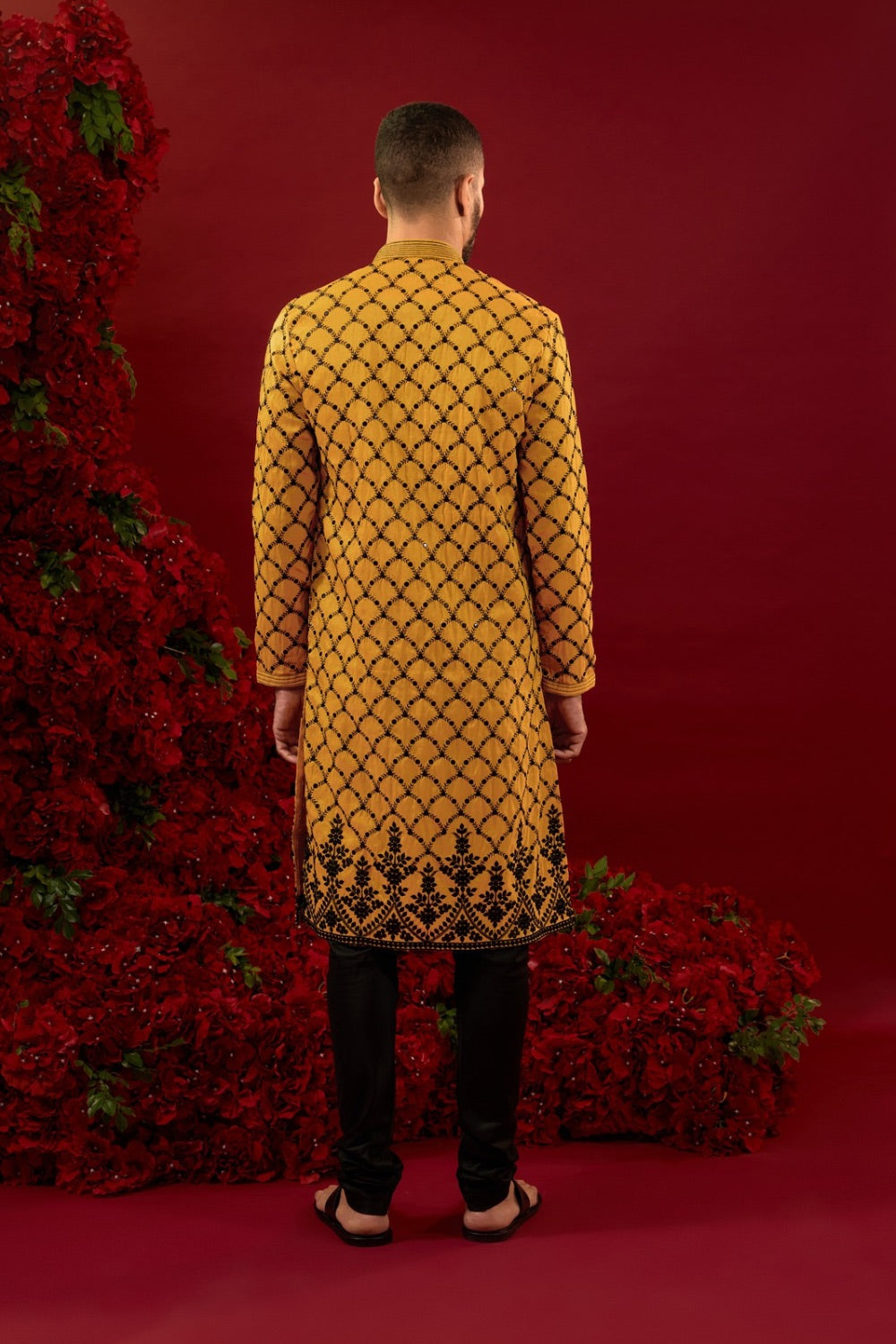 Yellow silk kurta with machine work