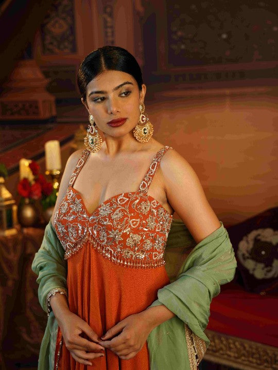 rust georgette Anarkali paired with stylish flared pants - image 3
