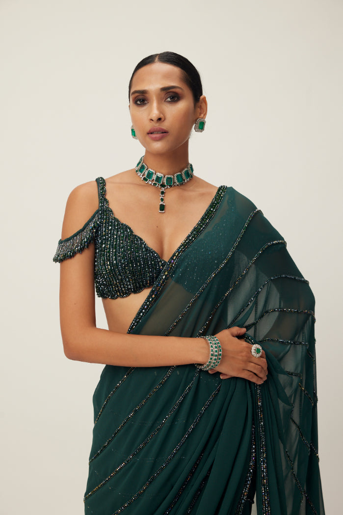 Dark Jade Green Crystal Linear Embroidered Saree