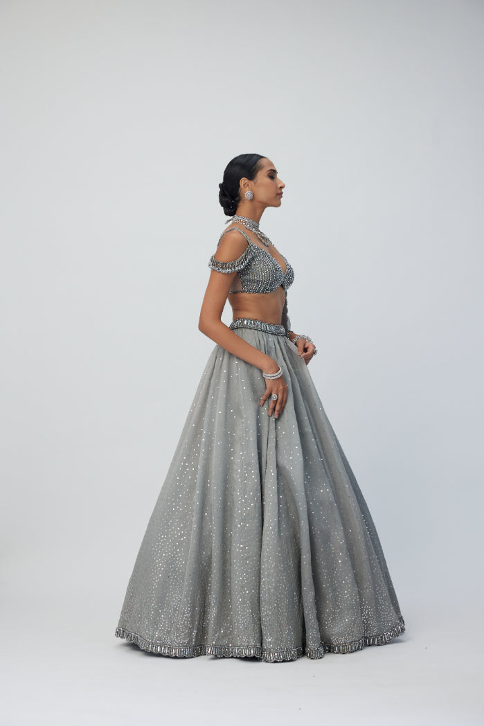 Crystal Grey Sequins Scattered Organza Lehenga Set