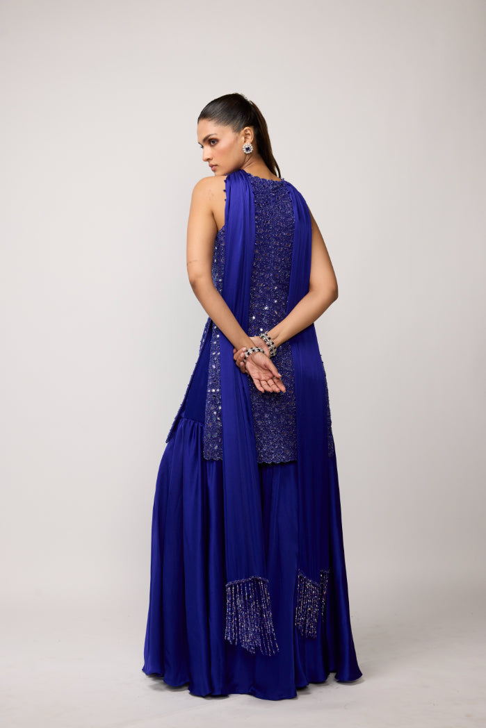 Cocktail Blue Satin Sharara Set