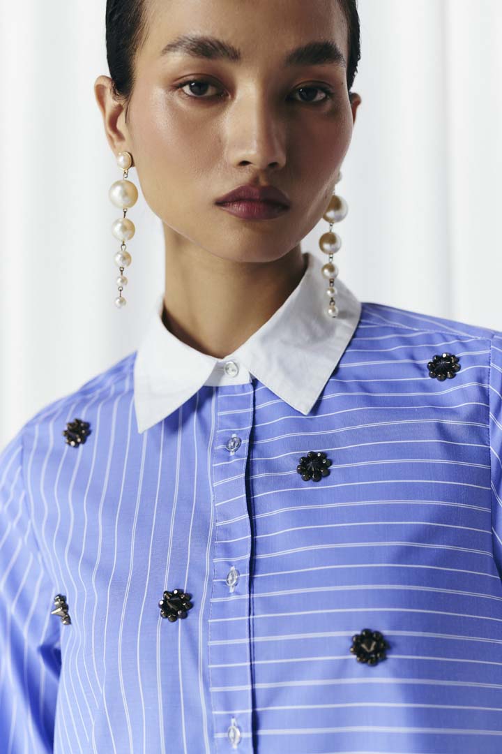 ASYMMETRIC STRIPE STUDDED SHIRT