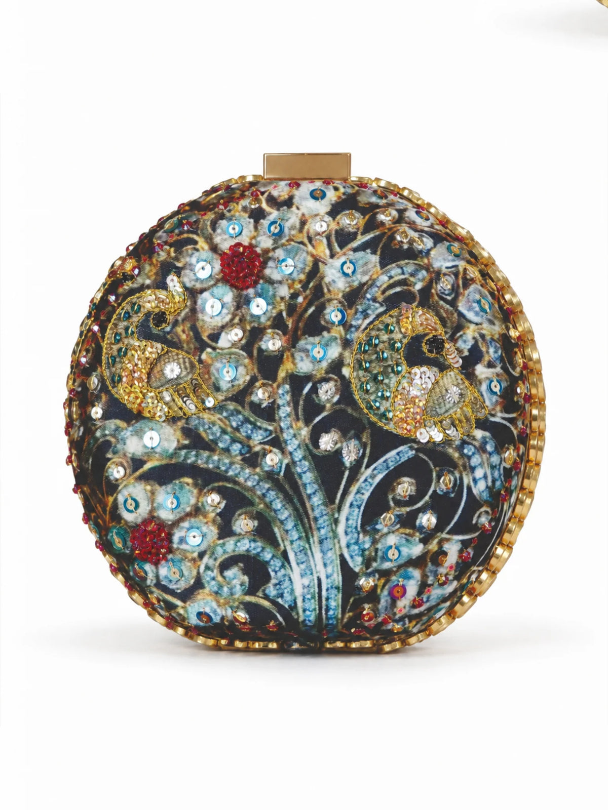 Black Jewel Peacock Print Embroidered Round Clutch Bag