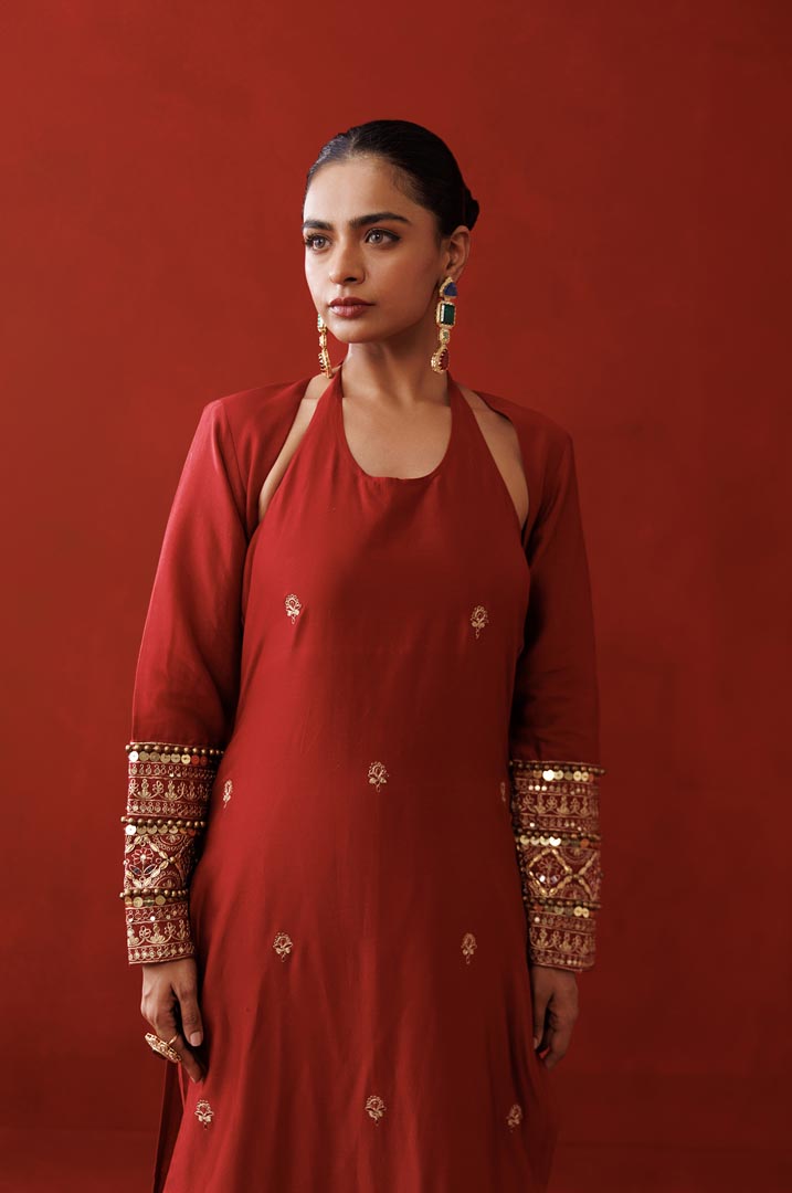 Rustic red halter neck kurta set