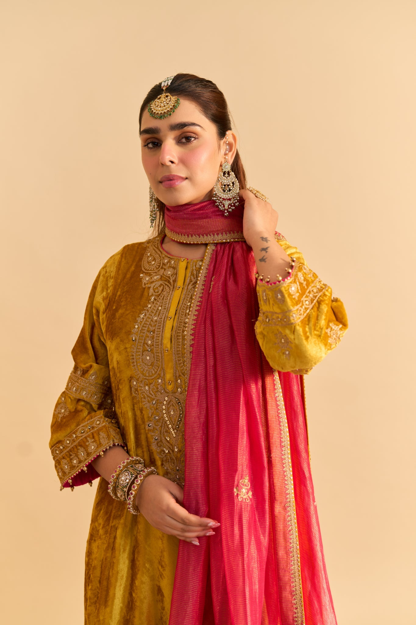 Amal - Mustard A-line Kurta with Dhoti and Dupatta