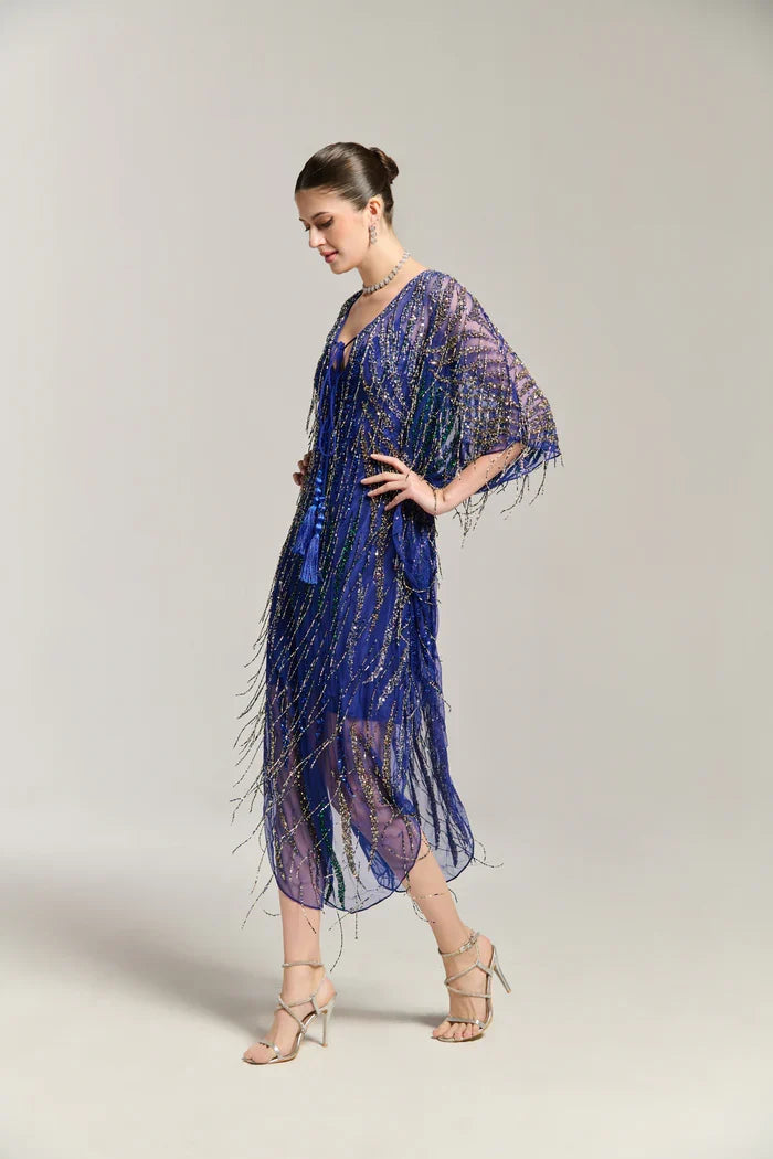 Blue & Gold Beaded Sequin Kaftan Dress - Luxury Evening Cape