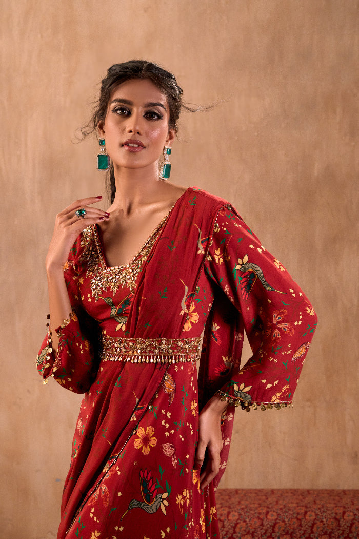 RED PRINT EMBROIDERED ANARKALI WITH DRAPE AND BELT SET - image 3