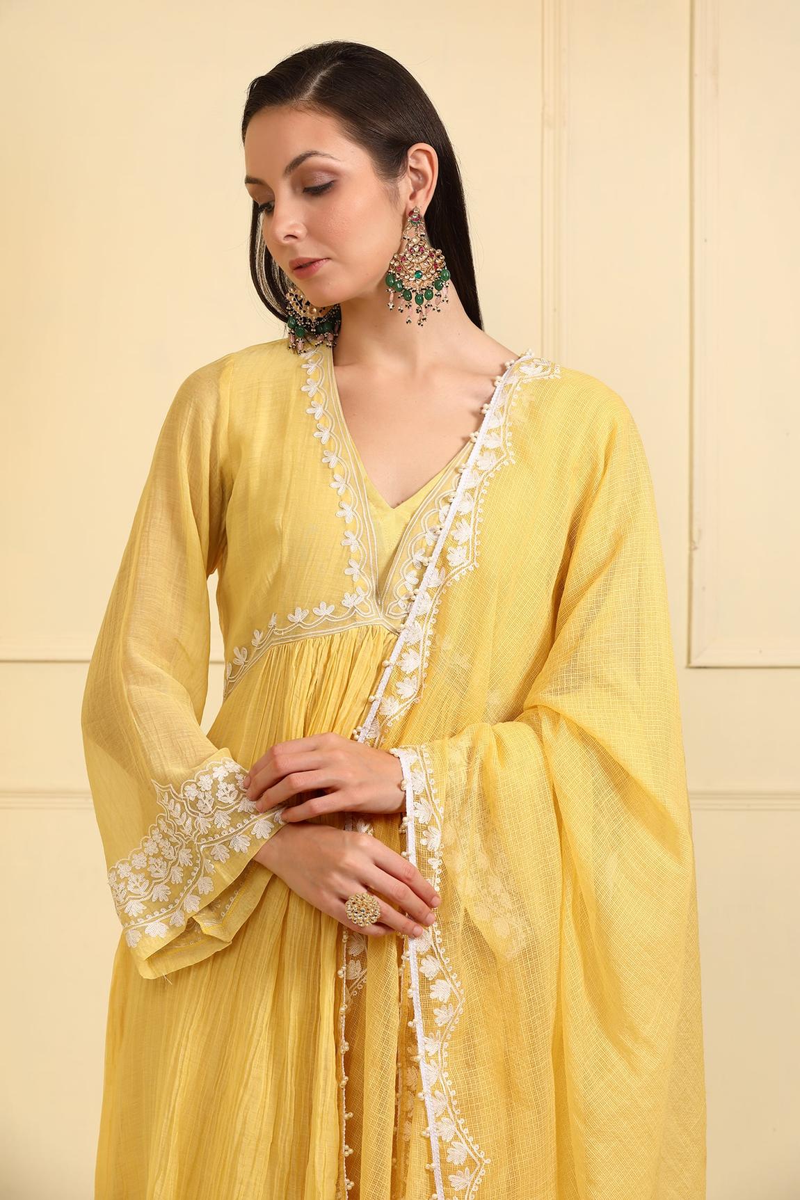 Yellow Chanderi Silk Cuff Embroidered Kurta Set