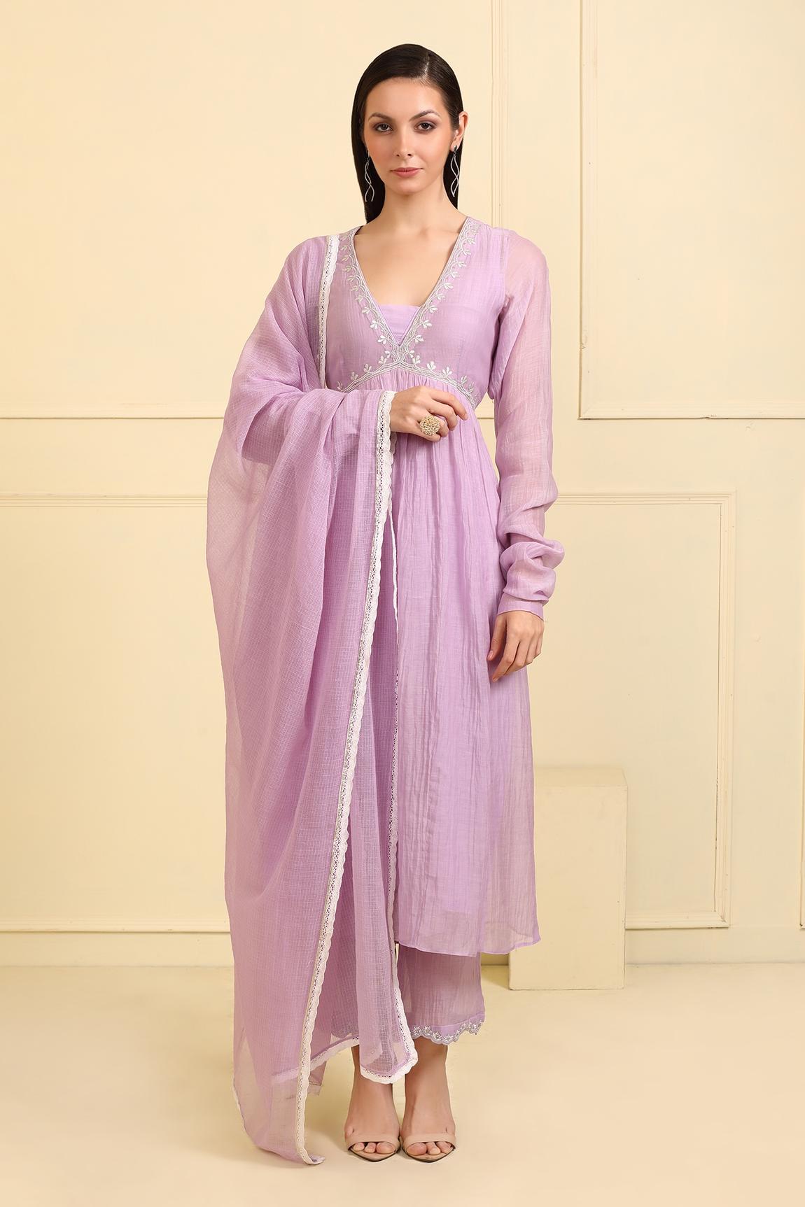 Purple Chanderi Silk Neckline Embroidered Kurta Pant Set