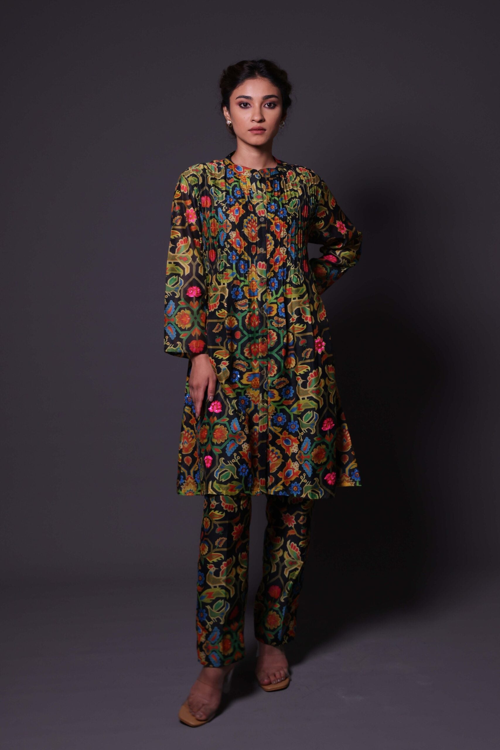 Printed Pin-Tuck Kurti with Hand Embroidery
