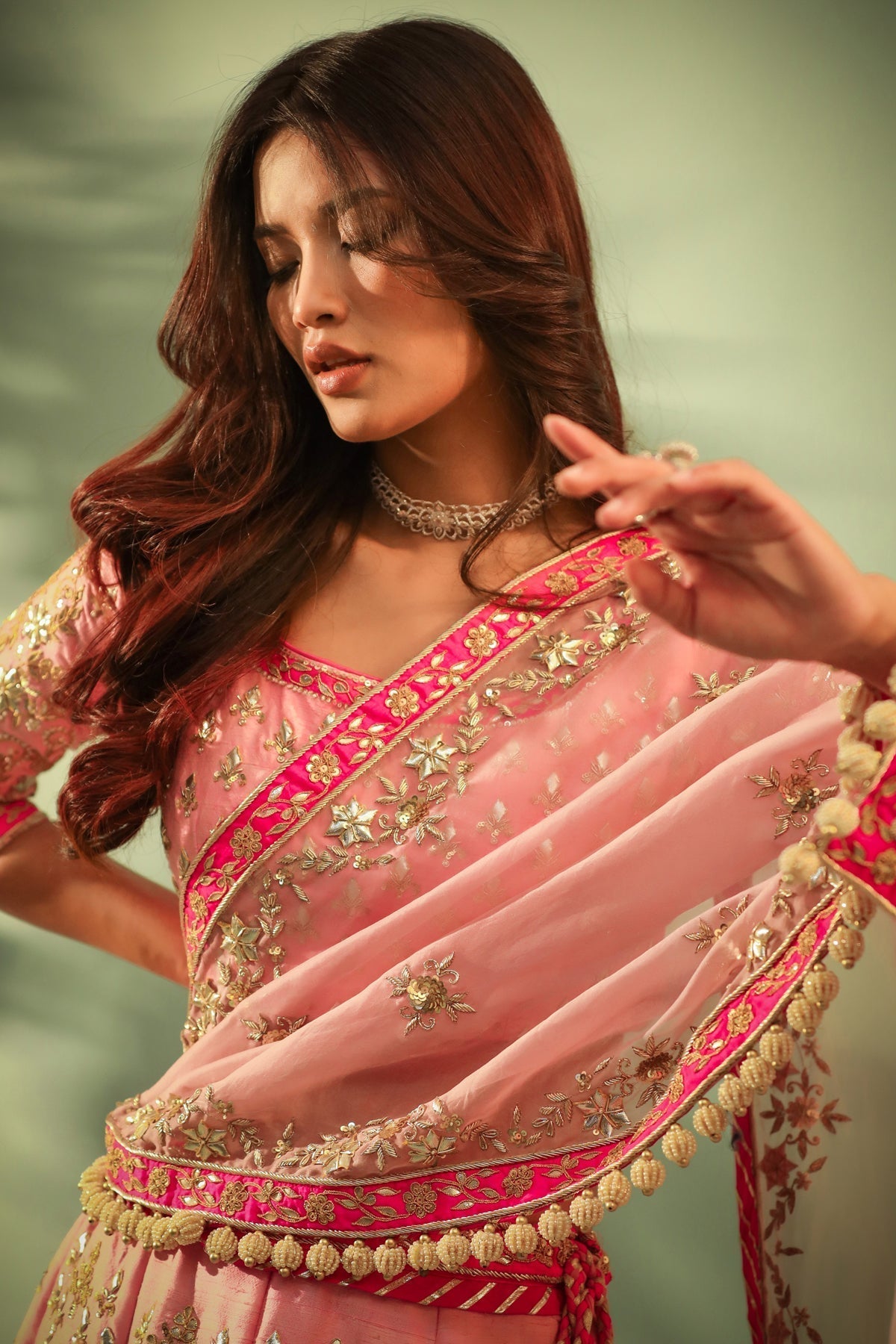 Image of Haseena Candy floss pink lehenga set with chatak pink accent.