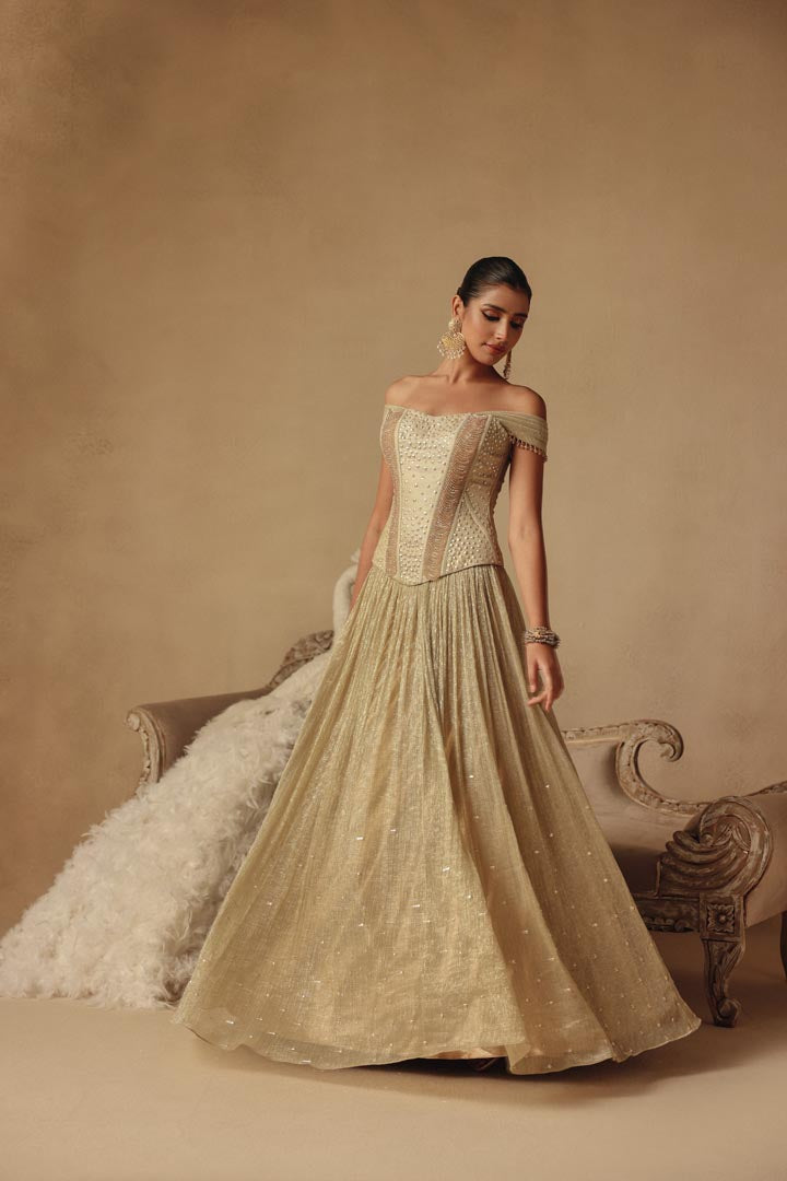 Gold Hand Embroidered Corset Pearl Lehenga