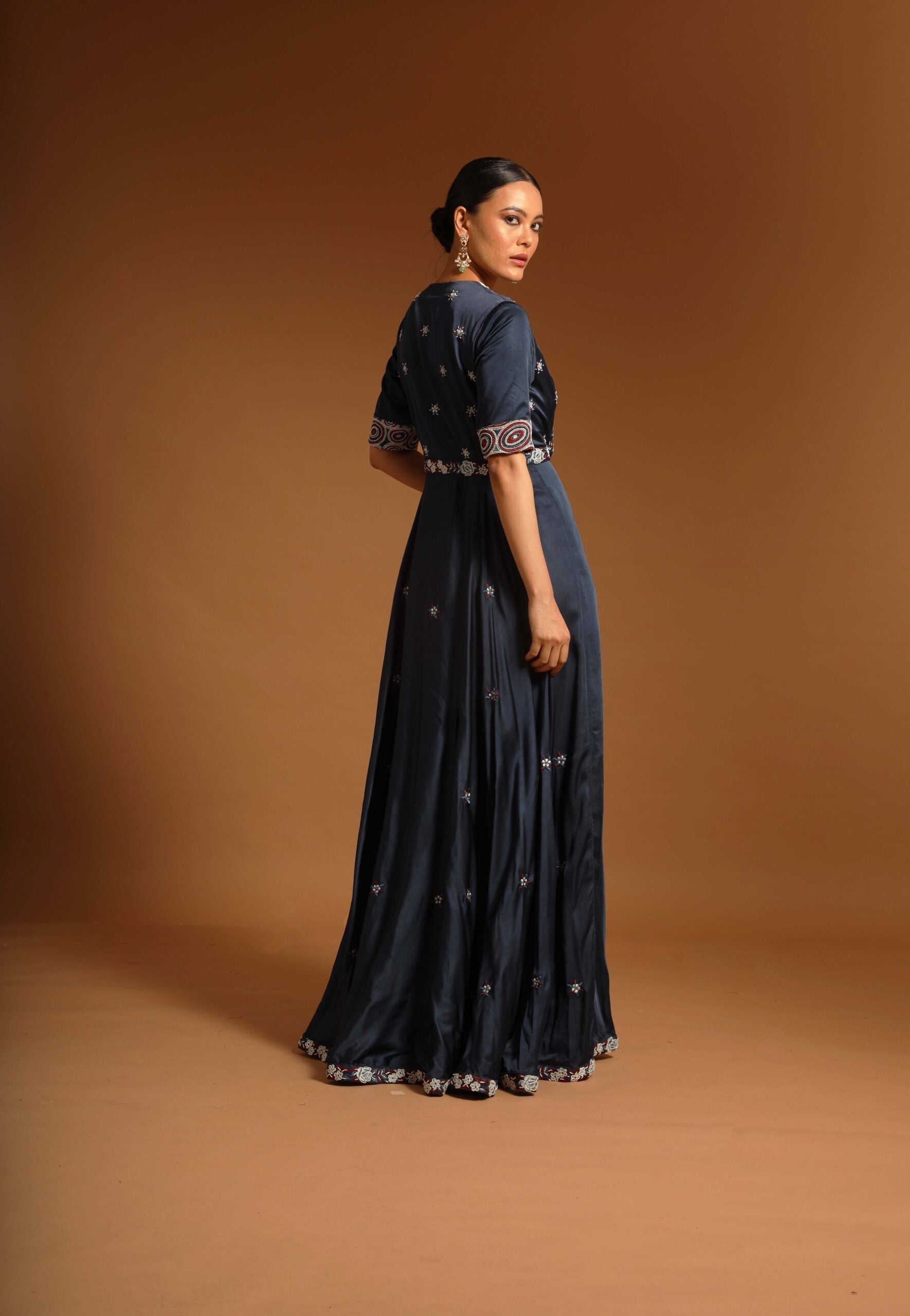 Blue embroiderered anarkali with ajrakh embellished pants