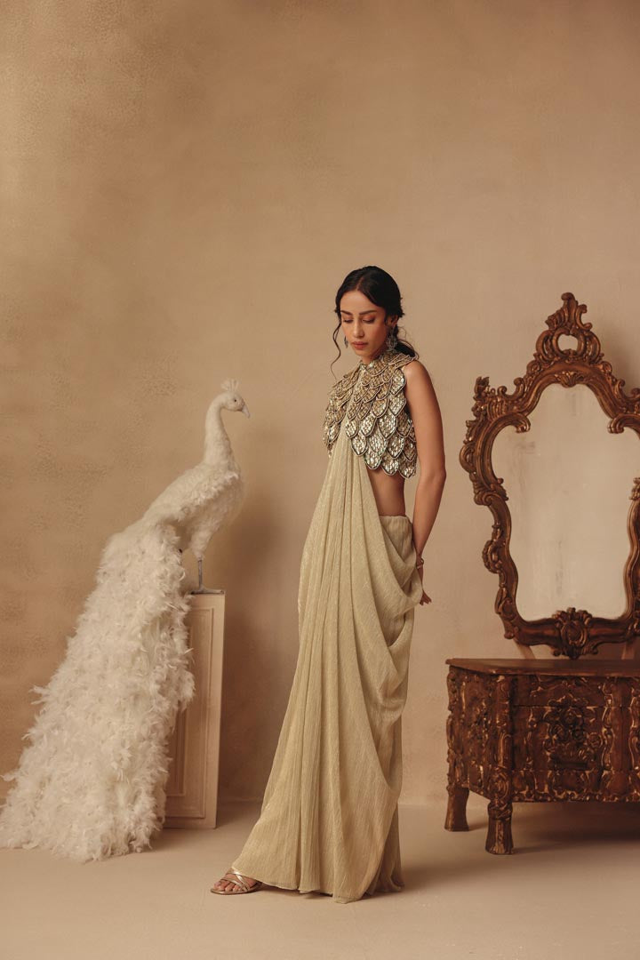 Gold Hand Embroidered Feathers Draped Saree Gown