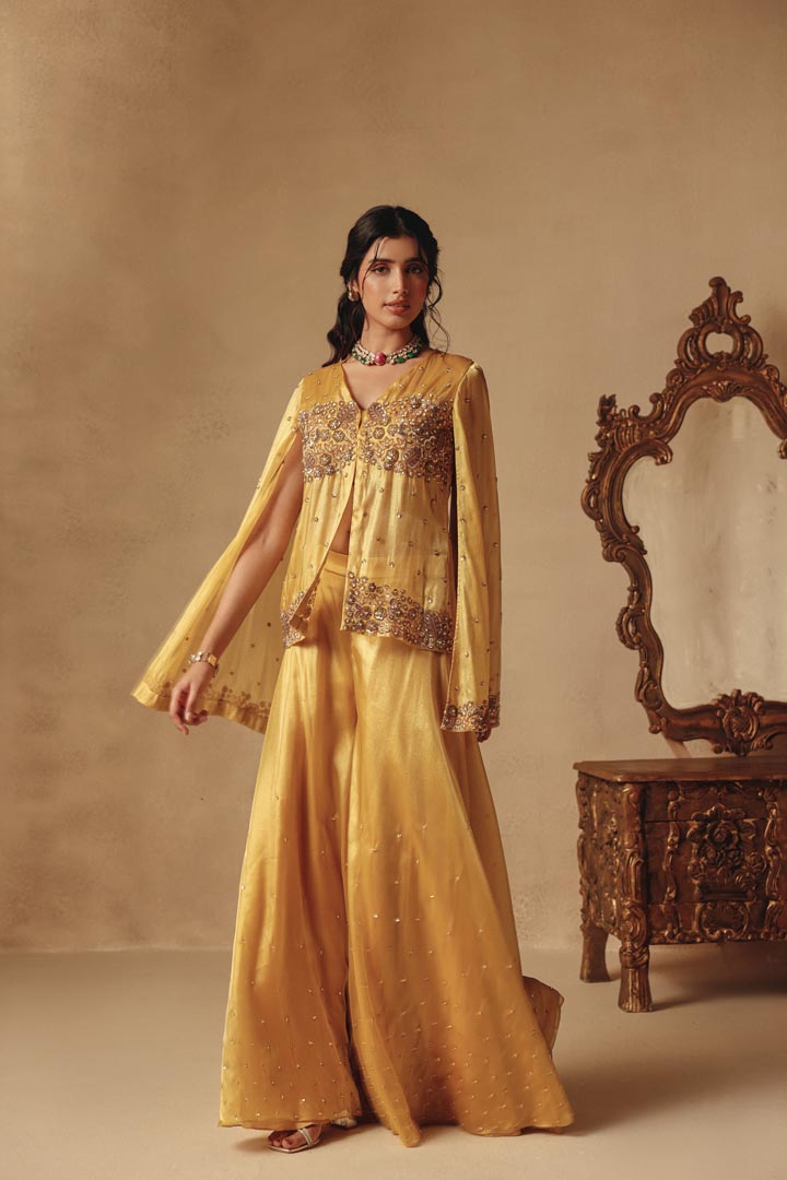Yellow Shimmer Hand Embroidery Drape Sleeves Jacket