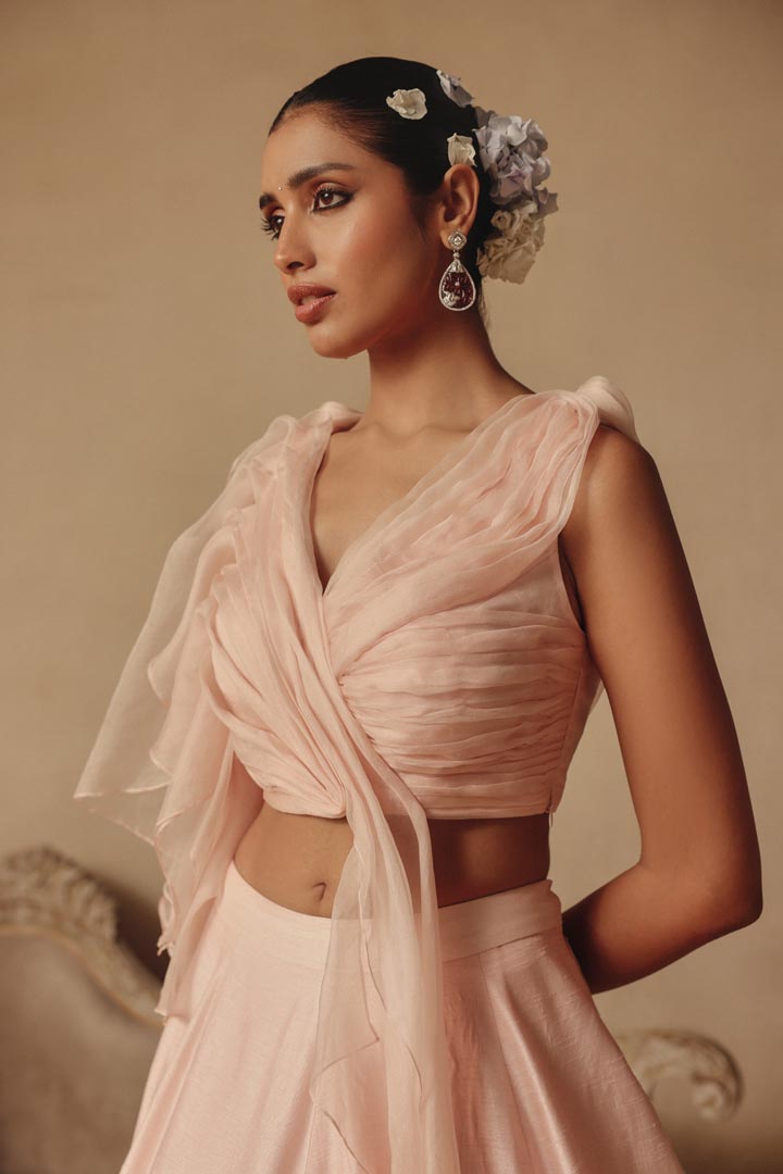 Pink Dreamy Hand Embroidery with Drape Blouse Lehenga