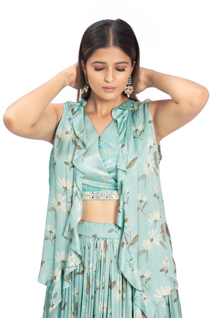 Turquoise Viscose & Satin Printed Skirt Set