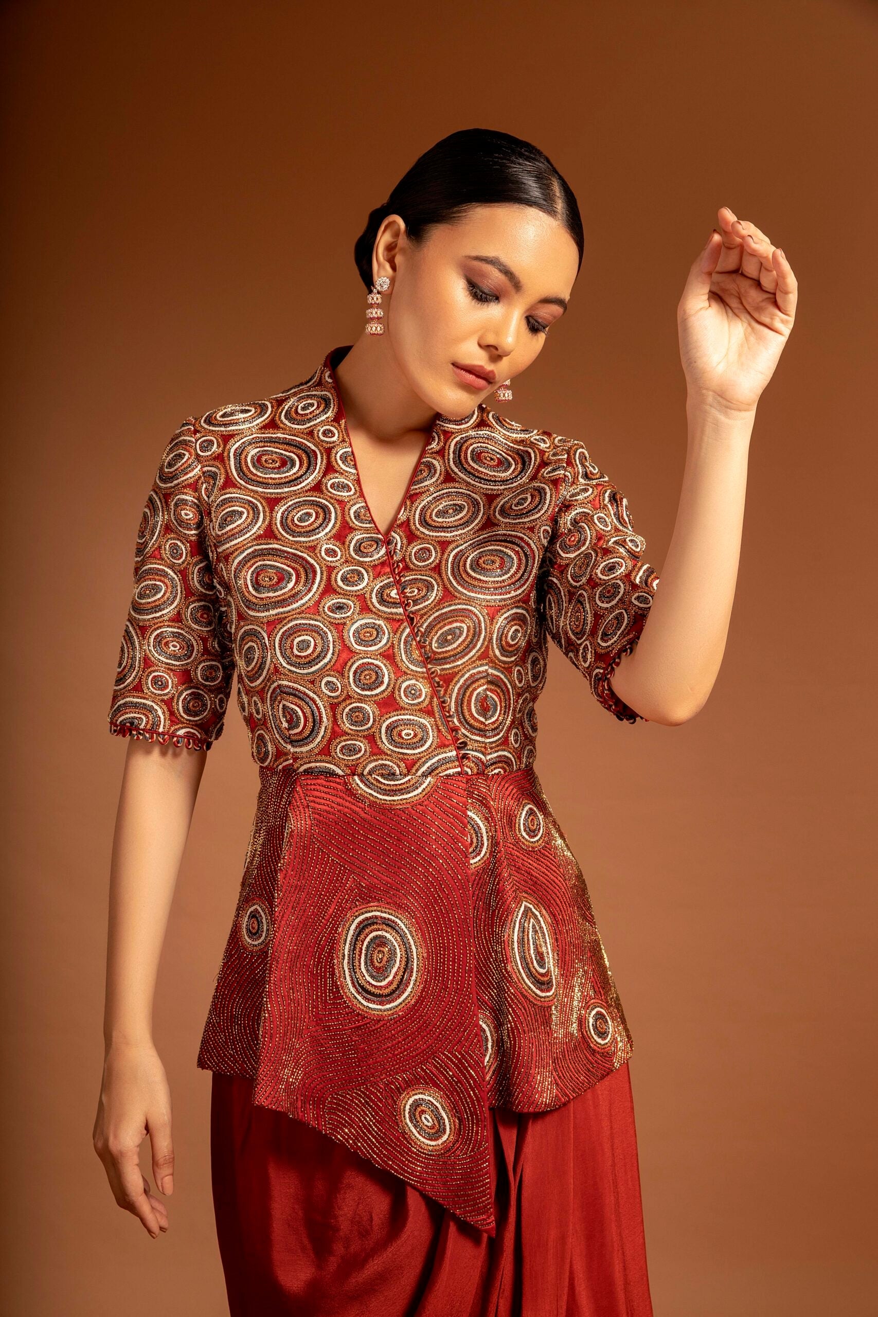 Red fully handcarfted ajrakh drape tunic