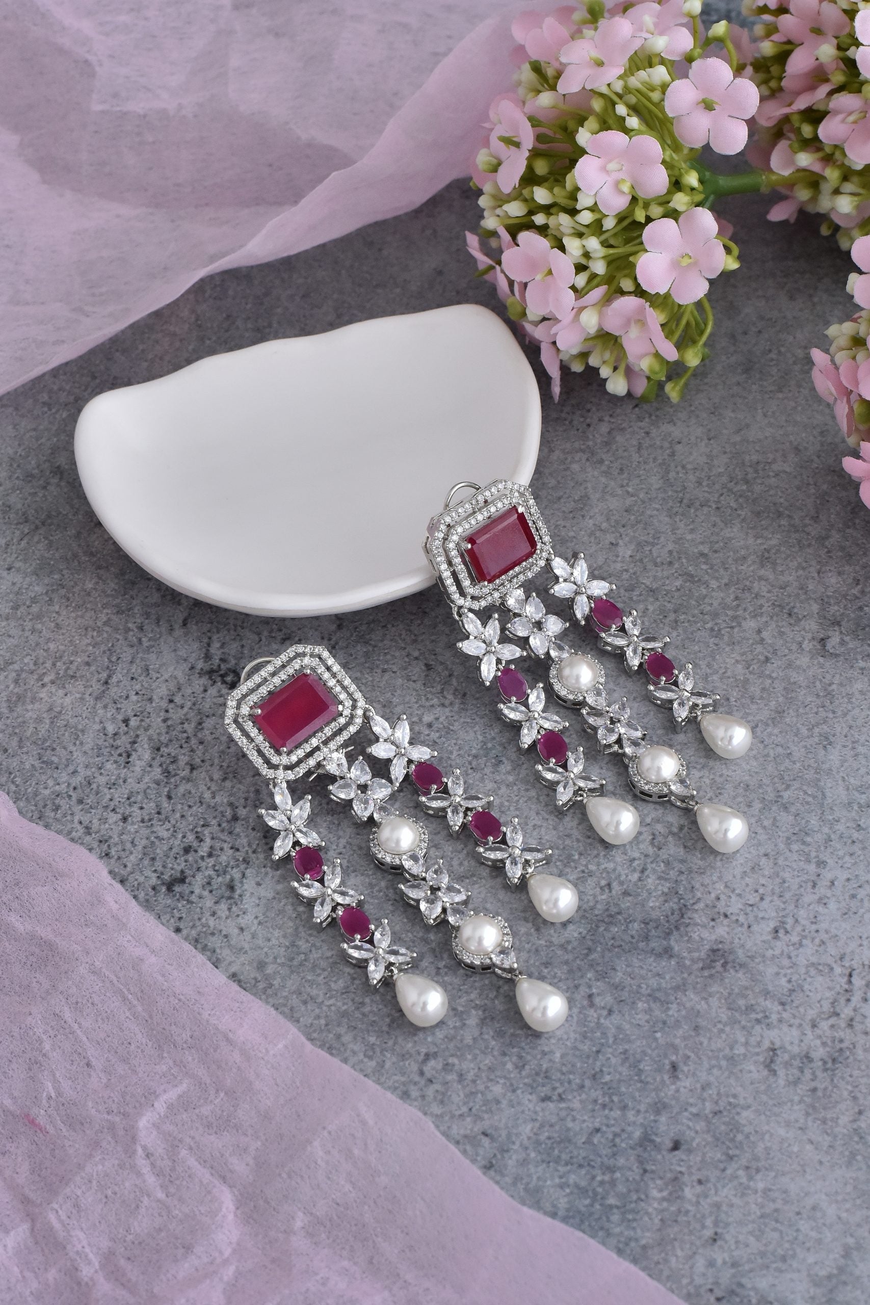 Red Silver Tone Zirconia and Pearl Dangler Earrings