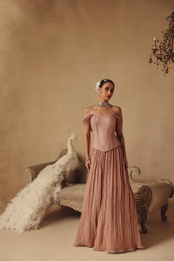 Pink Corset Pearl Drape Sleeves Lehenga