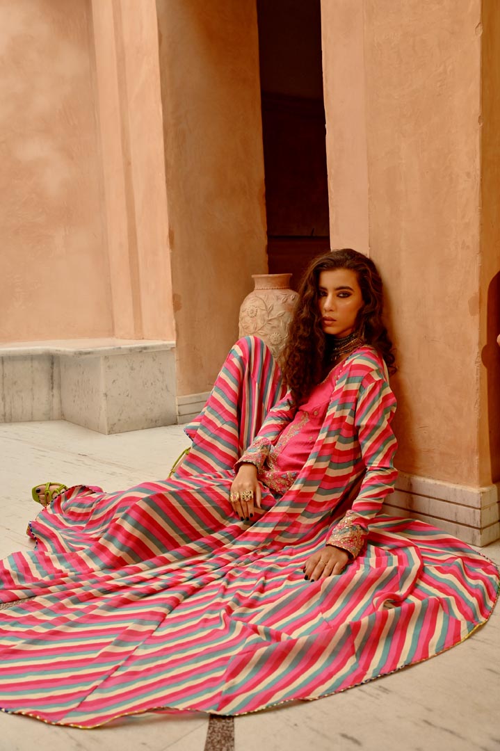 Image of Hot pink Indie-leheriya magzi kali jacket and sharara with heritage kurti.