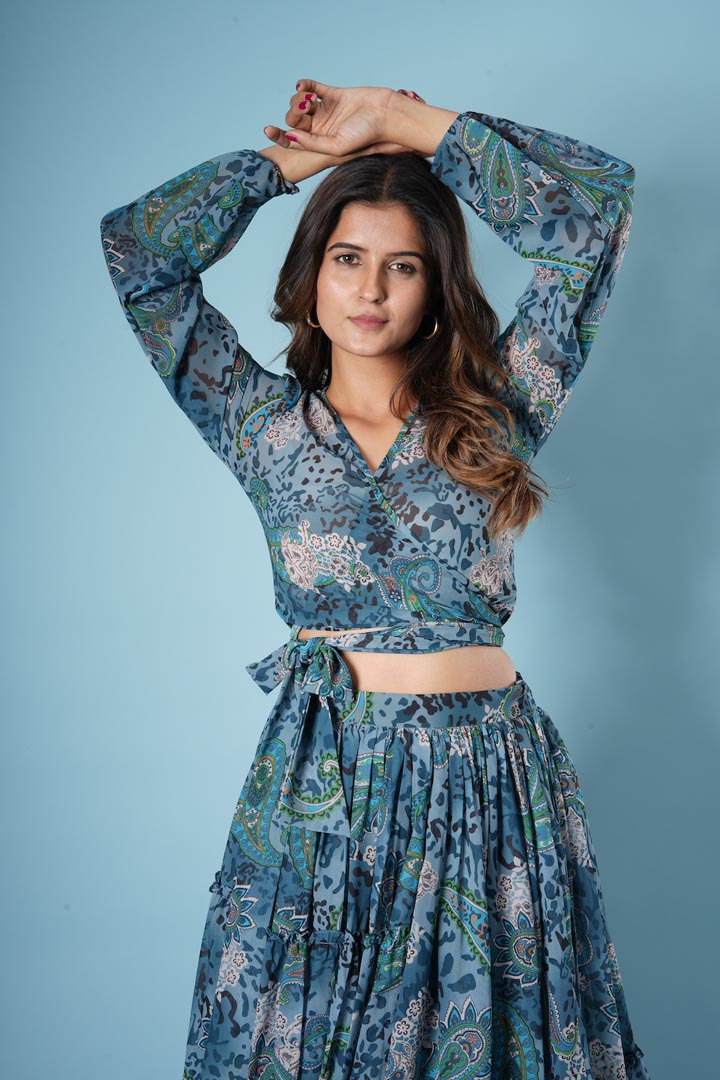 Blue Georgette Printed Skirt Set