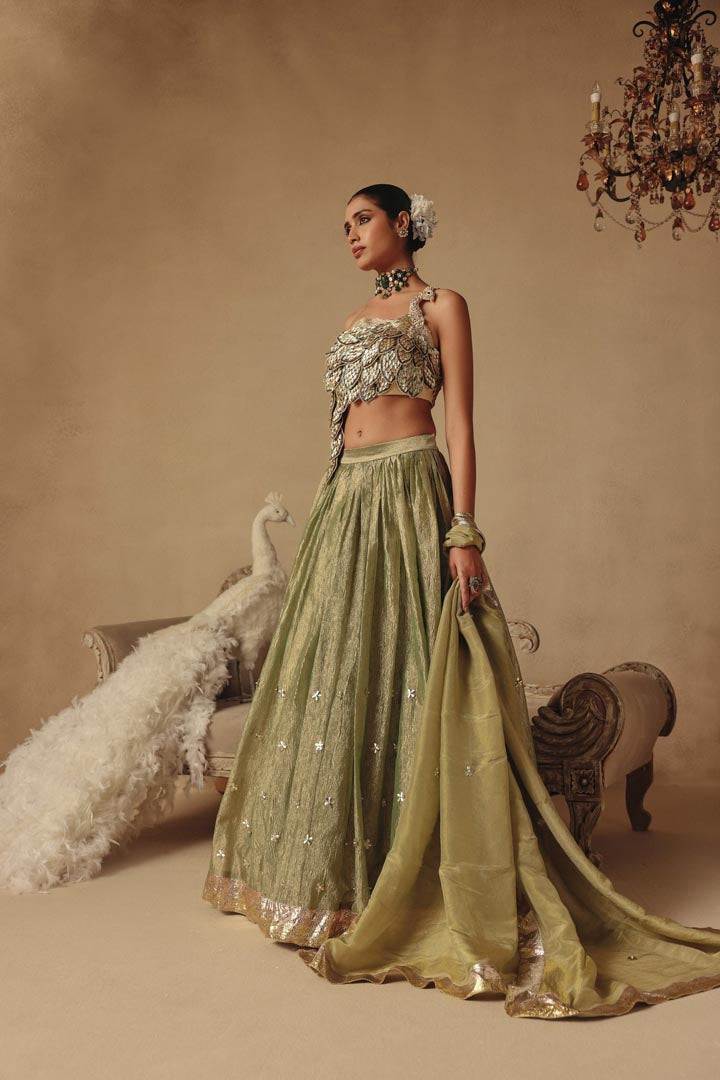 Green Peacock Hand Embroidery Lehenga