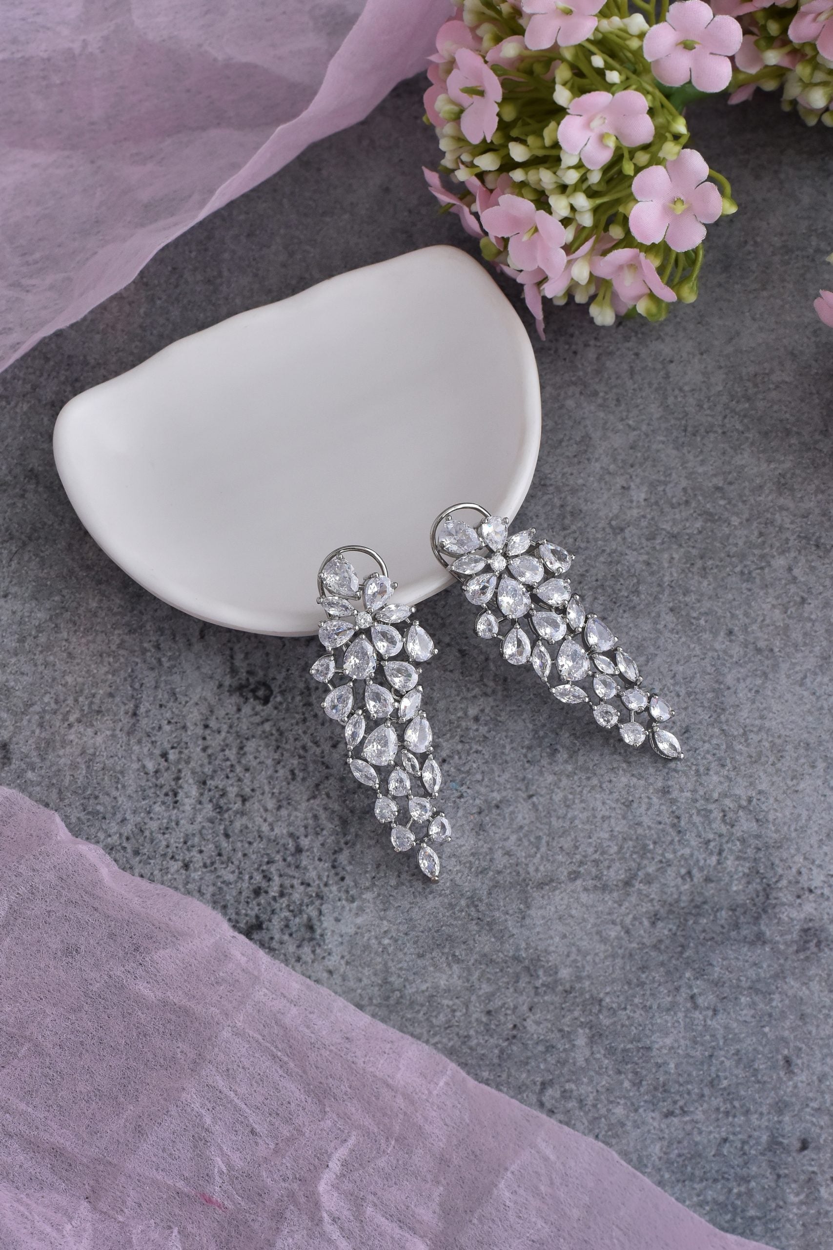 White Silver Tone Zirconia Dangler Earrings