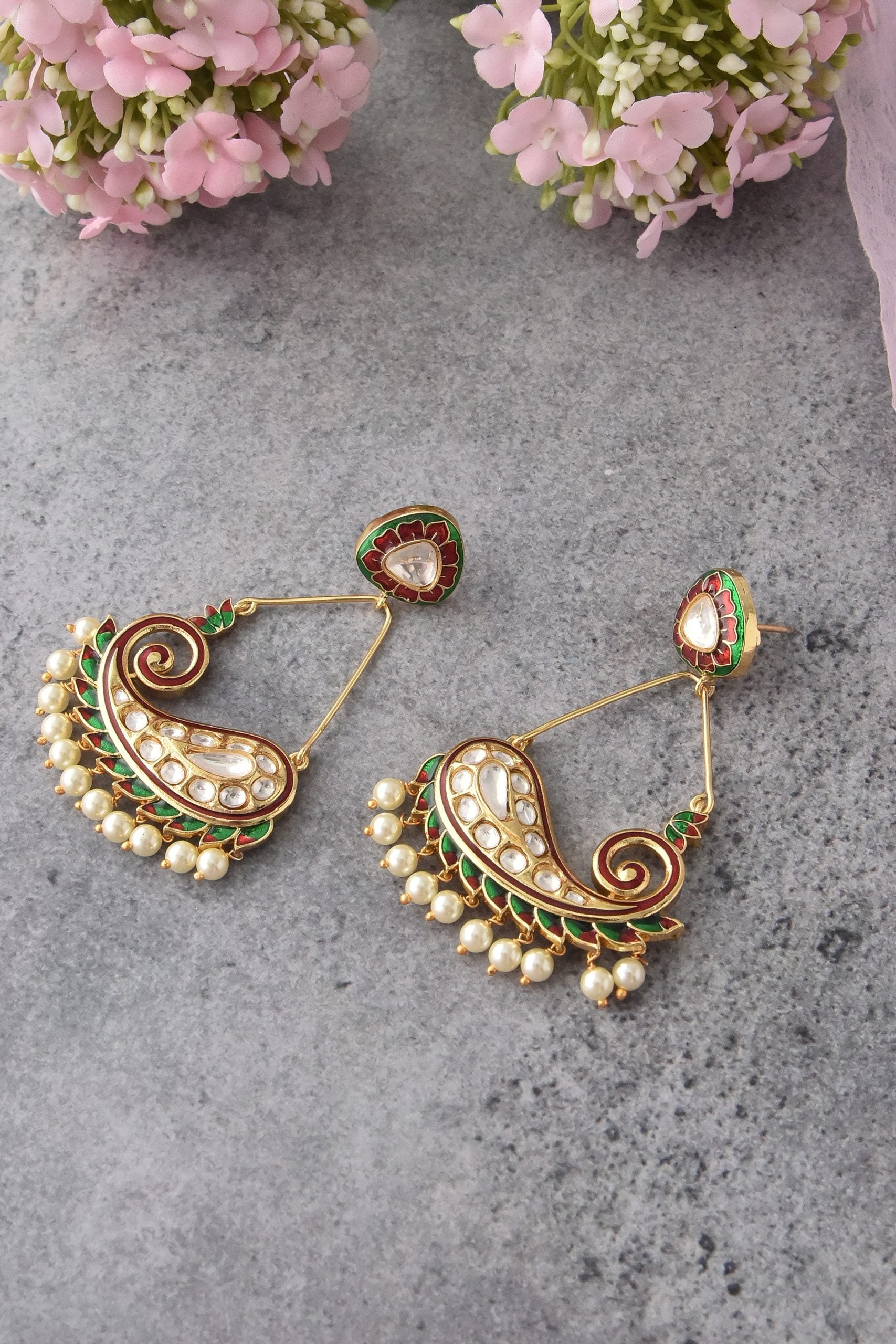 Red and Green Gold Tone Kundan Dangler Earrings