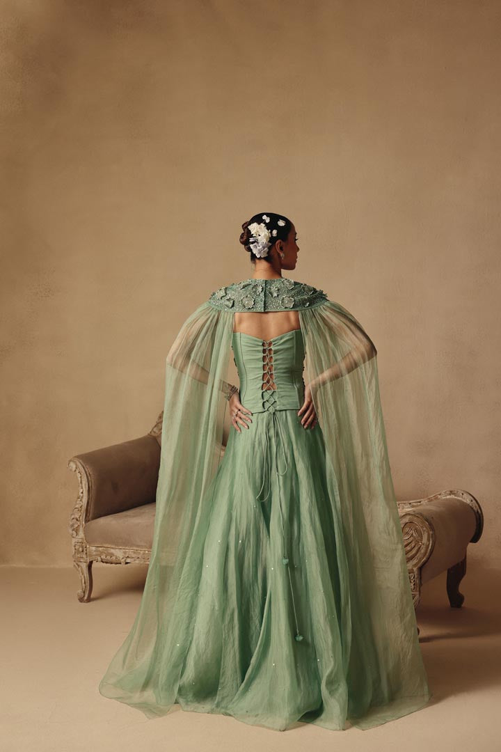Corset with Cape Dupatta & 3D flowers Hand Embroidery Lehenga