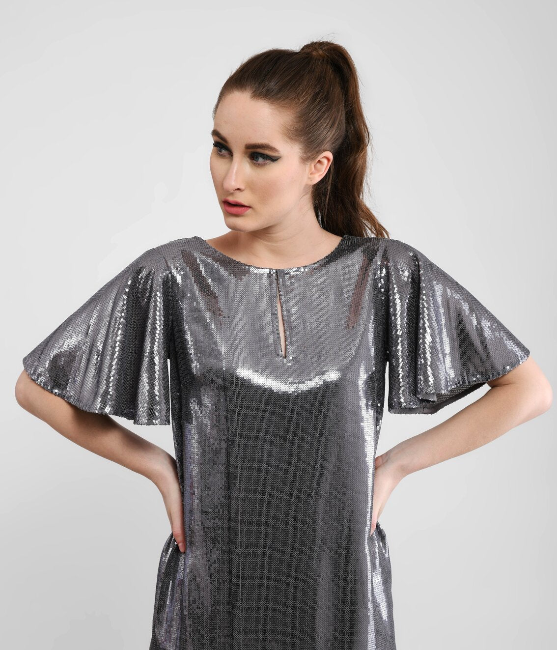 Grey Liquid Metal Sequined Mini Dress