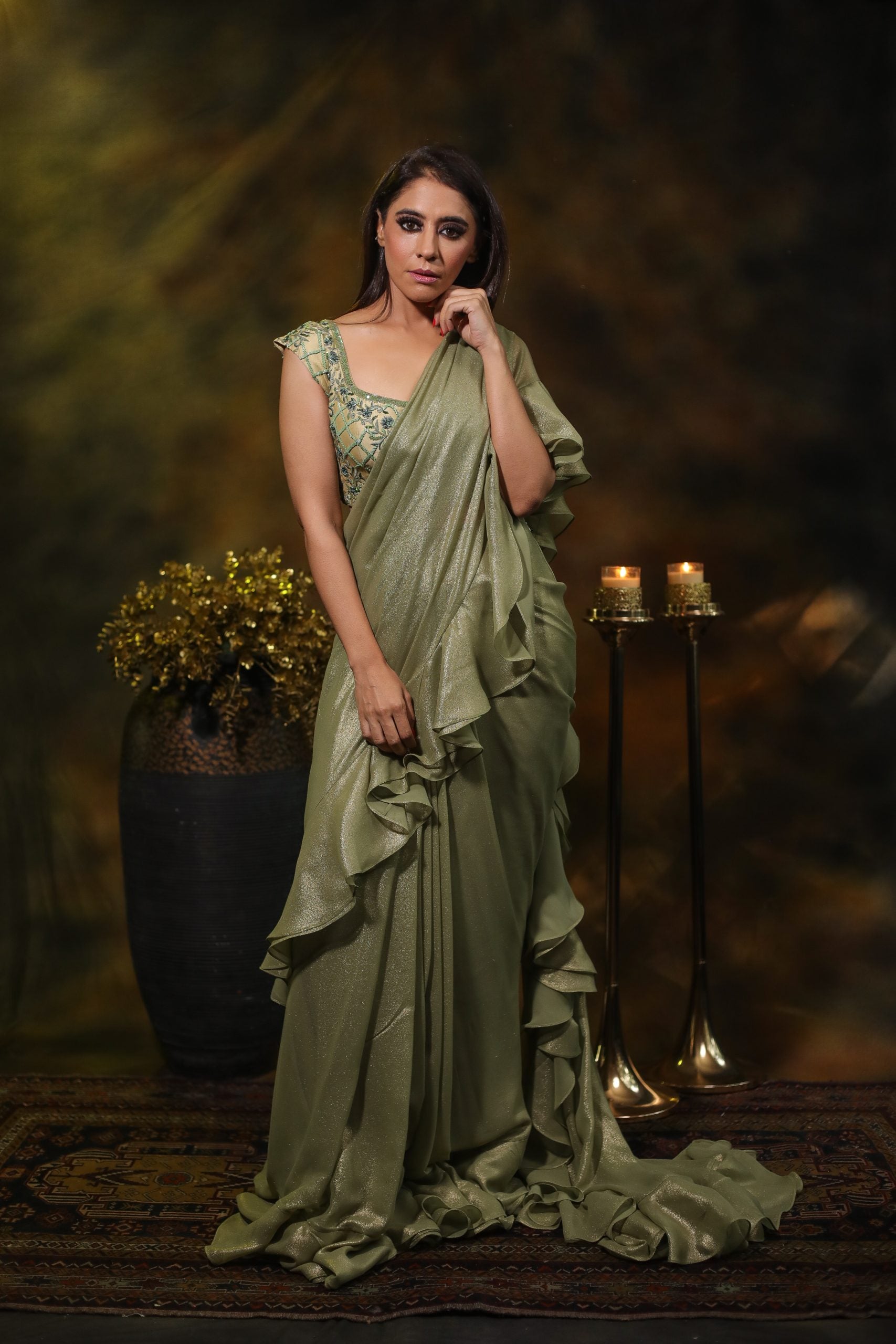 Image of SAGE EMBROIDERED SAREE IN SHIMMER